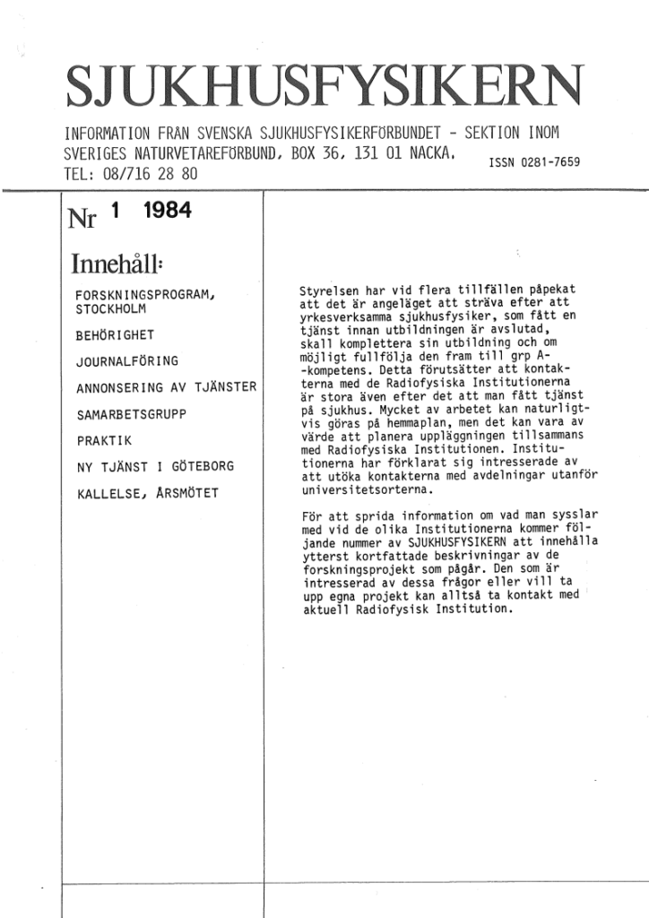 Sjukhusfysikern Nr 1 1984