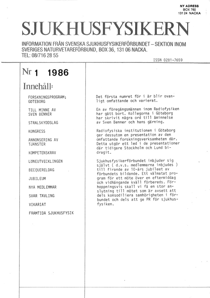 Sjukhusfysikern Nr 1 1986