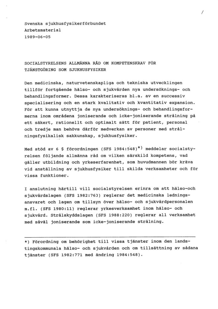 Sjukhusfysikern 1989 Arbetsmaterial